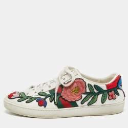 Pre Owned Gucci White Leather Floral Embroidered Ace Sneakers Size 40