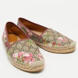 Pre Owned Gucci Brown/Beige Floral Print GG Supreme Canvas Espadrille Flats Size 38