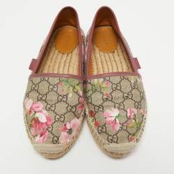 Pre Owned Gucci Brown/Beige Floral Print GG Supreme Canvas Espadrille Flats Size 38