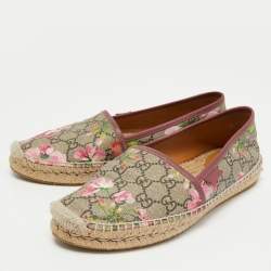 Pre Owned Gucci Brown/Beige Floral Print GG Supreme Canvas Espadrille Flats Size 38