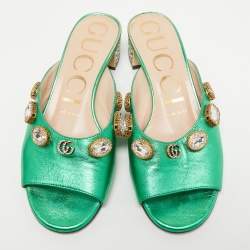Pre Owned Gucci Metallic Green Leather Crystal Embellished Slide Sandals Size 36