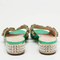 Pre Owned Gucci Metallic Green Leather Crystal Embellished Slide Sandals Size 36