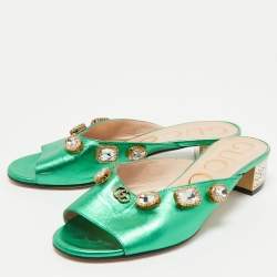 Pre Owned Gucci Metallic Green Leather Crystal Embellished Slide Sandals Size 36