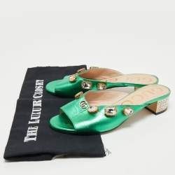 Pre Owned Gucci Metallic Green Leather Crystal Embellished Slide Sandals Size 36