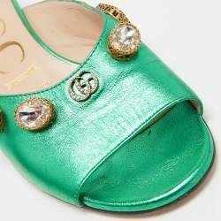 Pre Owned Gucci Metallic Green Leather Crystal Embellished Slide Sandals Size 36