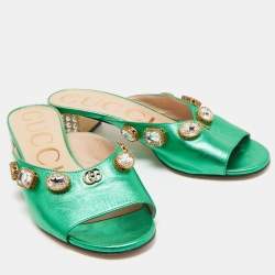 Pre Owned Gucci Metallic Green Leather Crystal Embellished Slide Sandals Size 36