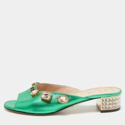 Pre Owned Gucci Metallic Green Leather Crystal Embellished Slide Sandals Size 36