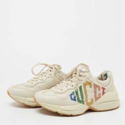 مملوكة مسبقًا Gucci Cream Leather Rhyton Glitter Logo Sneakers Size 36