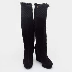 Pre Owned Gucci Black Microguccissima Suede Courtney Wedge Knee Length Boots Size 38
