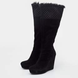 Pre Owned Gucci Black Microguccissima Suede Courtney Wedge Knee Length Boots Size 38