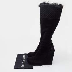 Pre Owned Gucci Black Microguccissima Suede Courtney Wedge Knee Length Boots Size 38