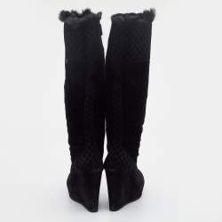 Pre Owned Gucci Black Microguccissima Suede Courtney Wedge Knee Length Boots Size 38