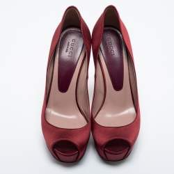 Pre Owned Gucci Burgundy Satin Peep Toe Platform Pumps Size 36.5