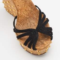 Gucci Black Suede Studded Cork Wedge Platform Ankle Strap Sandals Size 38