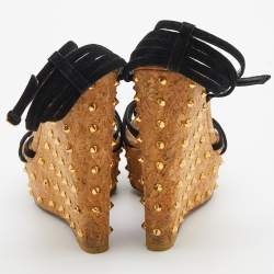 Gucci Black Suede Studded Cork Wedge Platform Ankle Strap Sandals Size 38