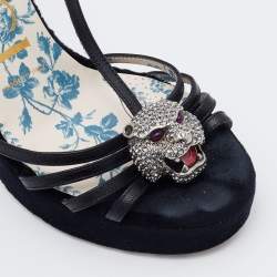 Gucci Black Leather Elias Tiger Embellished T Strap Sandals Size 36.5