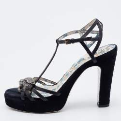 Gucci Black Leather Elias Tiger Embellished T Strap Sandals Size 36.5