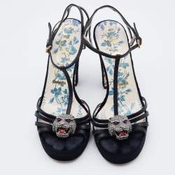 Gucci Black Leather Elias Tiger Embellished T Strap Sandals Size 36.5