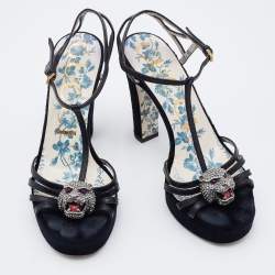 Gucci Black Leather Elias Tiger Embellished T Strap Sandals Size 36.5