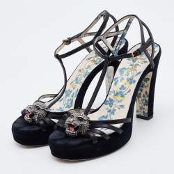Gucci Black Leather Elias Tiger Embellished T Strap Sandals Size 36.5