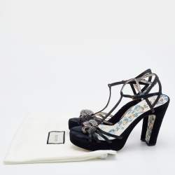 Gucci Black Leather Elias Tiger Embellished T Strap Sandals Size 36.5