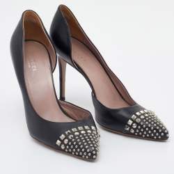 Pre Owned Gucci Black Leather Studded Cap Toe D'orsay Pumps Size 39