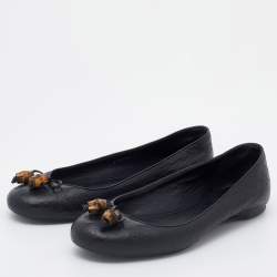 Gucci Black Micro Guccissima Leather Bamboo Bow Ballet Flats Size 37.5