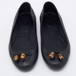 Gucci Black Micro Guccissima Leather Bamboo Bow Ballet Flats Size 37.5