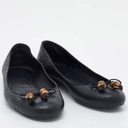Gucci Black Micro Guccissima Leather Bamboo Bow Ballet Flats Size 37.5
