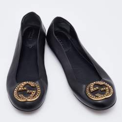 Pre Owned Gucci Black Leather Interlocking G Embellished Logo Ballet Flats Size 36.5