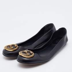 Pre Owned Gucci Black Leather Interlocking G Embellished Logo Ballet Flats Size 36.5