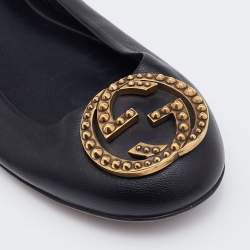 Pre Owned Gucci Black Leather Interlocking G Embellished Logo Ballet Flats Size 36.5