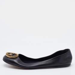 Pre Owned Gucci Black Leather Interlocking G Embellished Logo Ballet Flats Size 36.5
