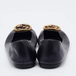 Pre Owned Gucci Black Leather Interlocking G Embellished Logo Ballet Flats Size 36.5