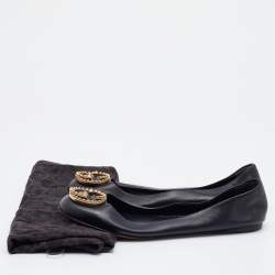 Pre Owned Gucci Black Leather Interlocking G Embellished Logo Ballet Flats Size 36.5