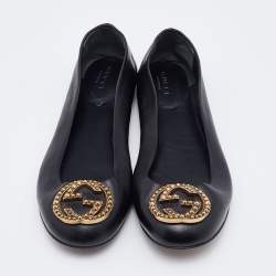 Pre Owned Gucci Black Leather Interlocking G Embellished Logo Ballet Flats Size 36.5