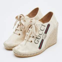 مملوكة مسبقًا Gucci Off White Canvas Logo Wedge Espadrille Sneakers Size 40