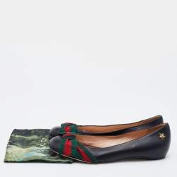 Pre Owned Gucci Black Leather Web Bow Ballet Flats Size 37.5