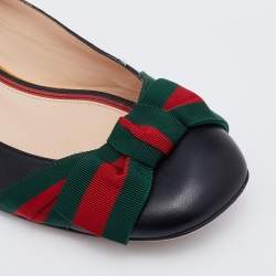 Pre Owned Gucci Black Leather Web Bow Ballet Flats Size 37.5