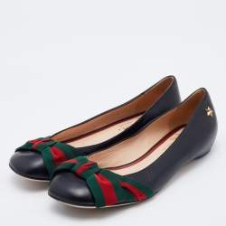 Pre Owned Gucci Black Leather Web Bow Ballet Flats Size 37.5