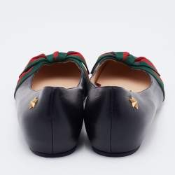 Pre Owned Gucci Black Leather Web Bow Ballet Flats Size 37.5