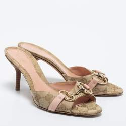 Gucci Beige/Brown GG Canvas Horsebit Slide Sandals Size 35.5