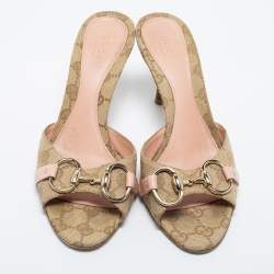 Gucci Beige/Brown GG Canvas Horsebit Slide Sandals Size 35.5