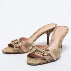 Gucci Beige/Brown GG Canvas Horsebit Slide Sandals Size 35.5