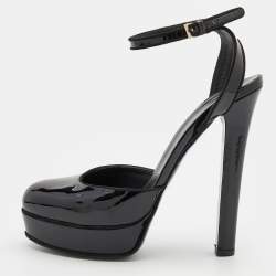 Pre Owned Gucci Black Patent Leather Platform Ankle Strap Pumps Size 37