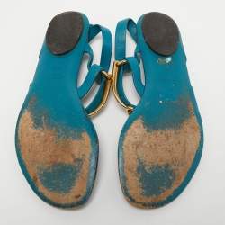Pre Owned Gucci Blue LeatherThong Ankle Strap Flat Sandals Size 35.5