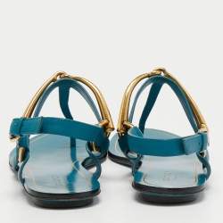 Pre Owned Gucci Blue LeatherThong Ankle Strap Flat Sandals Size 35.5
