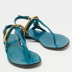 Pre Owned Gucci Blue LeatherThong Ankle Strap Flat Sandals Size 35.5