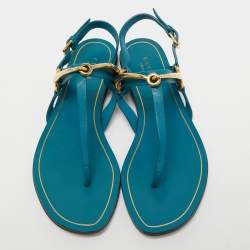 Pre Owned Gucci Blue LeatherThong Ankle Strap Flat Sandals Size 35.5