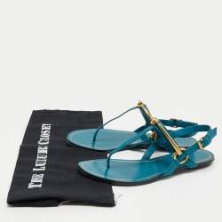 Pre Owned Gucci Blue LeatherThong Ankle Strap Flat Sandals Size 35.5